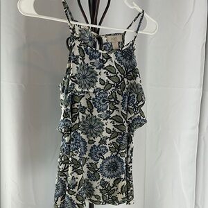 LOFT White Floral Ruffle Sundress with Blue and Green Print